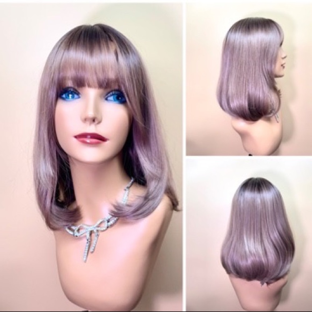 16“ Ombre dark root light cool brown insider rolls bangs Synthetic Wig